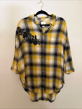 Maeve Yellow Black White Plaid Button-Down Shirt with Black Floral Accent
